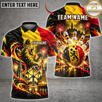 Maxcorners Bowling Belgium Flag Flaming Lion Personalized Name 3D Unisex Shirt
