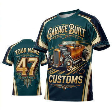 Maxcorners Personalized Car Classic Muscle Car 3D T-Shirt – Garage Built Teal Gold Classic Customs