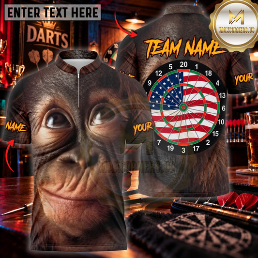 Maxcorners Darts Funny Chimpanzee Face American Flag Dartboard Personalized Name 3D Unisex Shirt