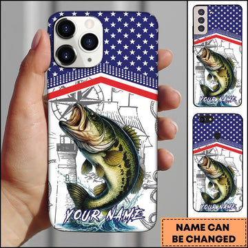 Maxcorners Fishing American Flag Nautical Sketch Style Personalized Name Phone Case (10 Fish Species)