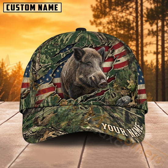Maxcorners Bear Hunting American Flag Forest Camo Personalized Name 3D Cap