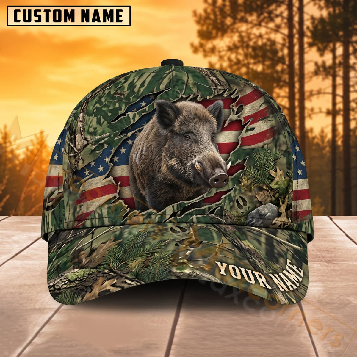 Maxcorners Bear Hunting American Flag Forest Camo Personalized Name 3D Cap