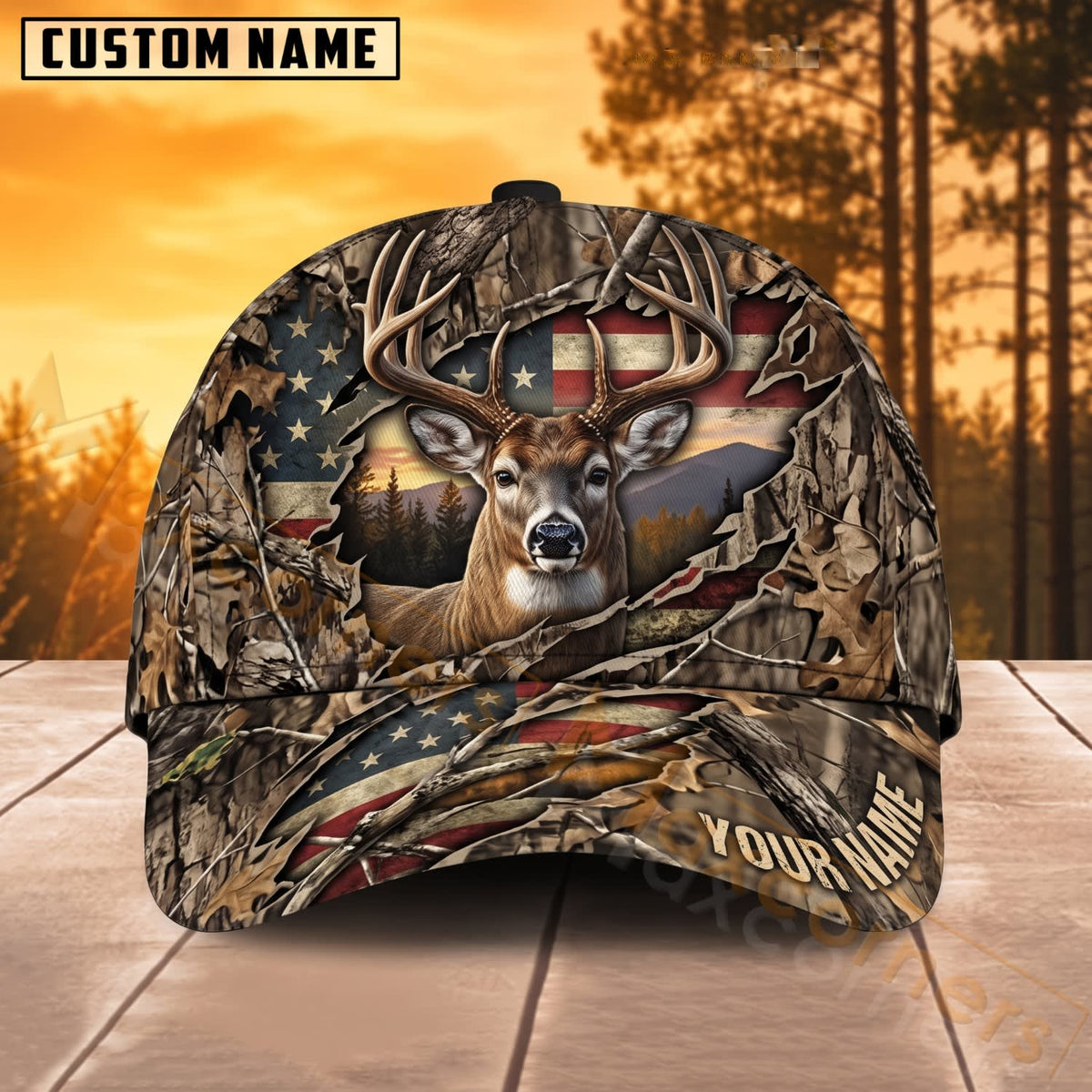 Maxcorners Deer Hunting American Flag Rustic Camo Buck Personalized Name 3D Cap