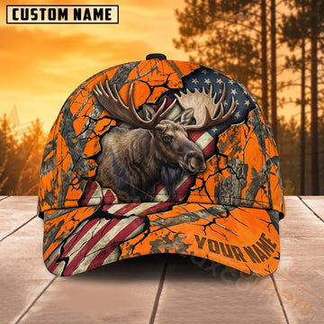 Maxcorners Moose Hunting US Flag Orange Camo Personalized Name 3D Cap