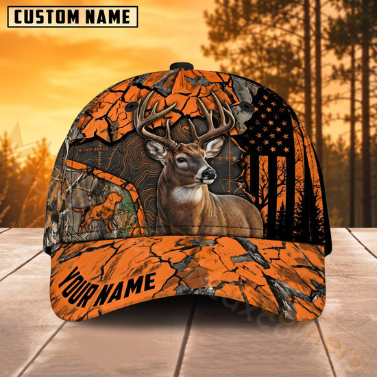 Maxcorners Deer Hunting American Flag Orange Woodland Camo Personalized Name 3D Cap
