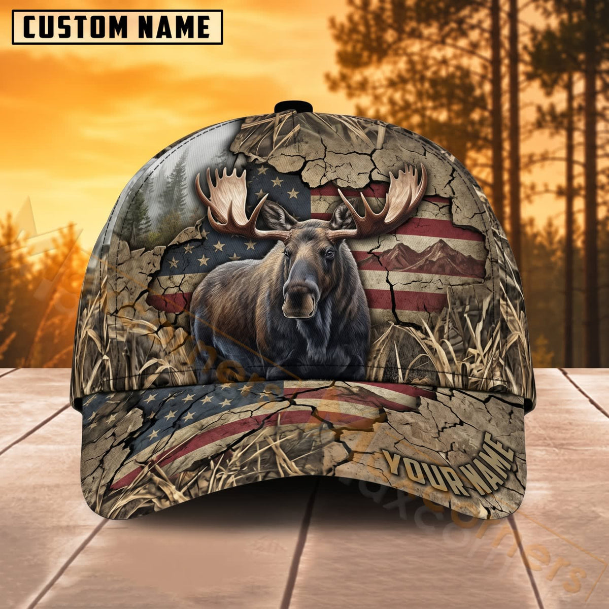 Maxcorners Moose Hunting American Flag Mountain Camo Personalized Name 3D Cap