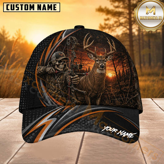 Maxcorners Hunting Orange Stripe Skull Archer and Deer Sunset Design Personalized 3D Cap