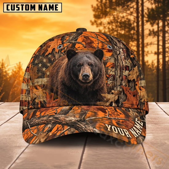 Maxcorners Bear Hunting Orange Autumn Forest Personalized Name 3D Cap