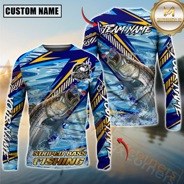Maxcorners Striped Bass Fishing Yellow Blue Lightning Pattern Design Custom Name & Team Name 3D Shirts