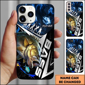 Maxcorners Largemouth Bass Fishing Blue Smoke Angler Silhouette Personalized Name 3D Phone Case