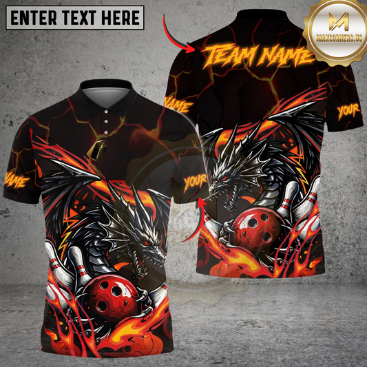Maxcorners Bowling & Pins Flame Aura Dragon Customized Name, Team Name 3D Shirt (4 Colors)