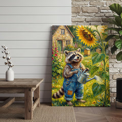 Maxcorners Cute Raccoon Gardener Watering Sunflower Rustic Farm Garden Canvas Wall Art