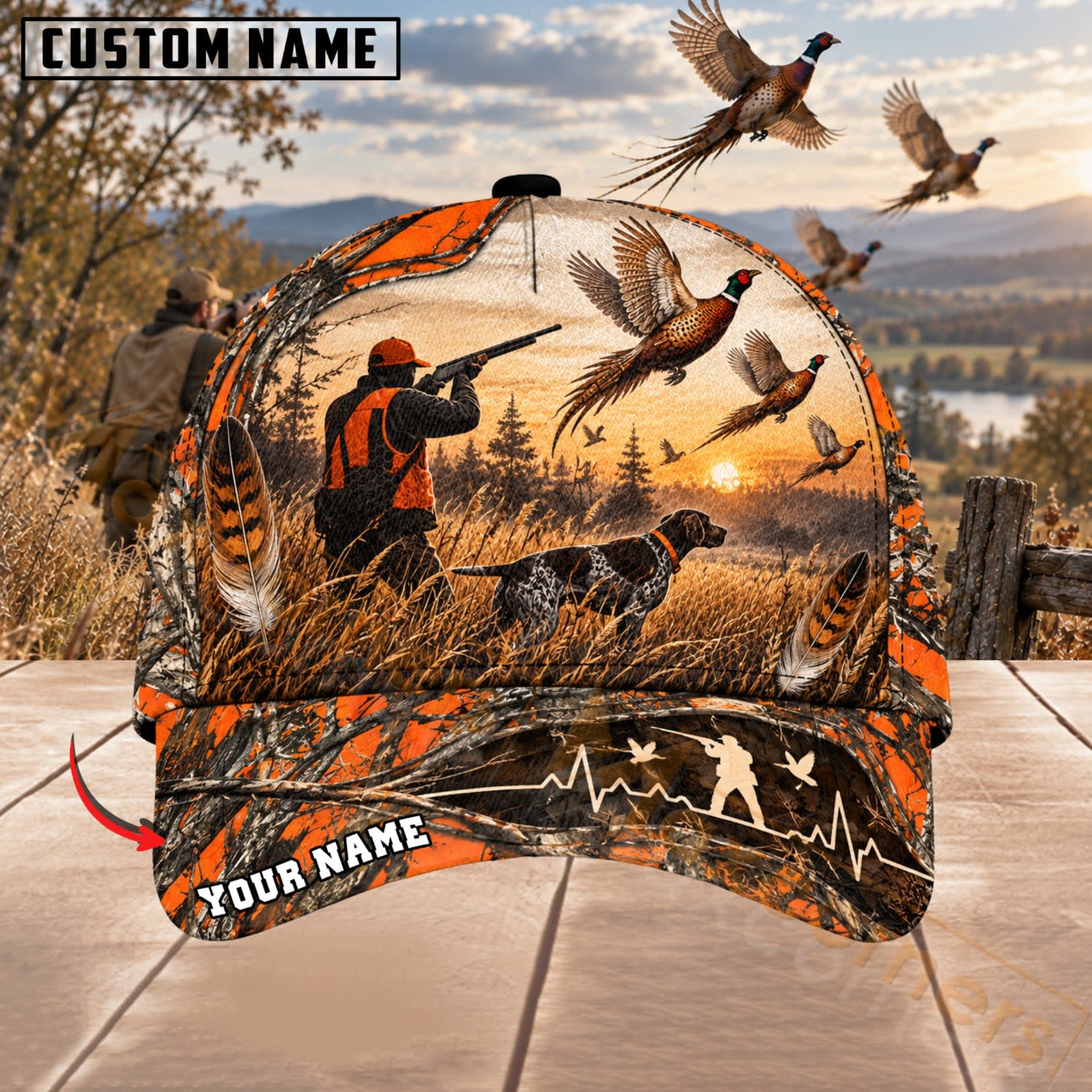 Maxcorners Upland Bird Hunting Blaze Orange Sunset Hunter & Pheasants Personalized Name 3D Cap
