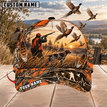 Maxcorners Upland Bird Hunting Blaze Orange Sunset Hunter & Pheasants Personalized Name 3D Cap