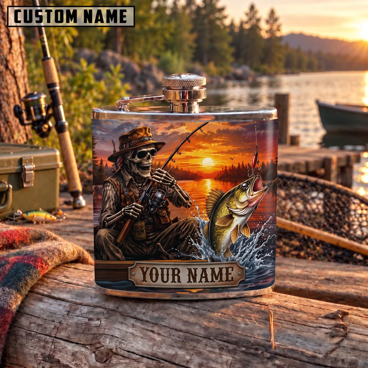 Maxcorners Fishing Skeleton Angler Sunset Fish Personalized Name 3D Hip Flask