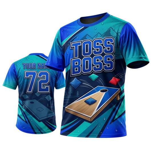 Maxcorners Cornhole Blue Toss Boss Personalized Name 3D Unisex Shirt