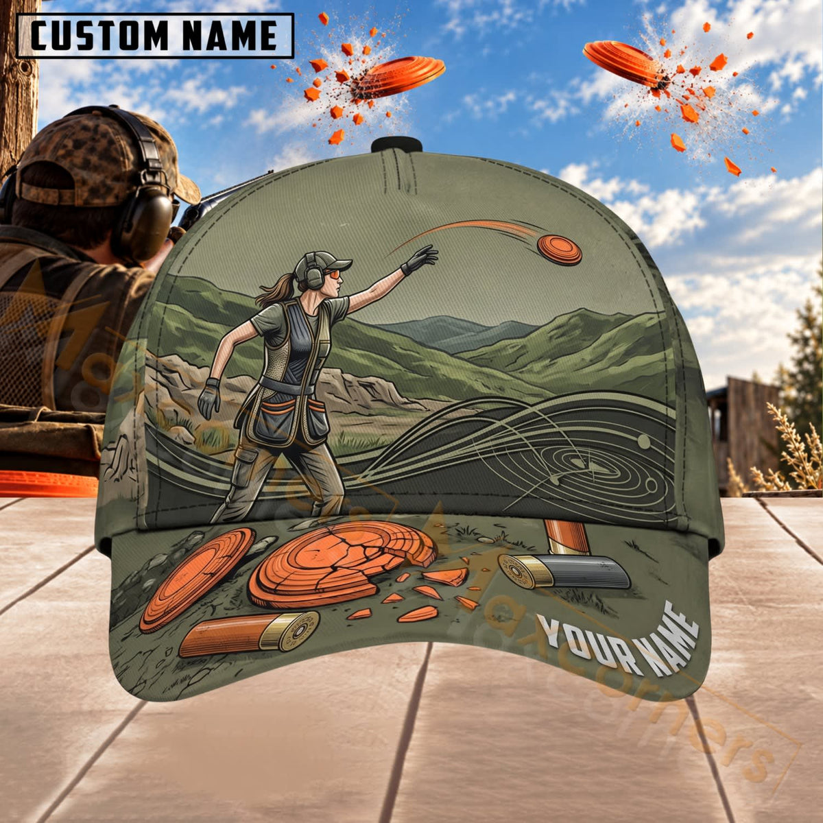 Maxcorners Trap & Skeet Shooting Olive Camo Shooter Personalized Name 3D Cap