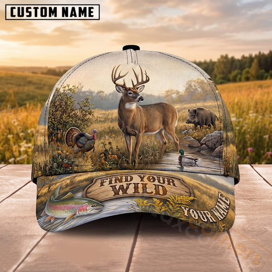 Maxcorners Whitetail Deer Hunting Mountain Landscape Find Your Wild Personalized Name 3D Cap