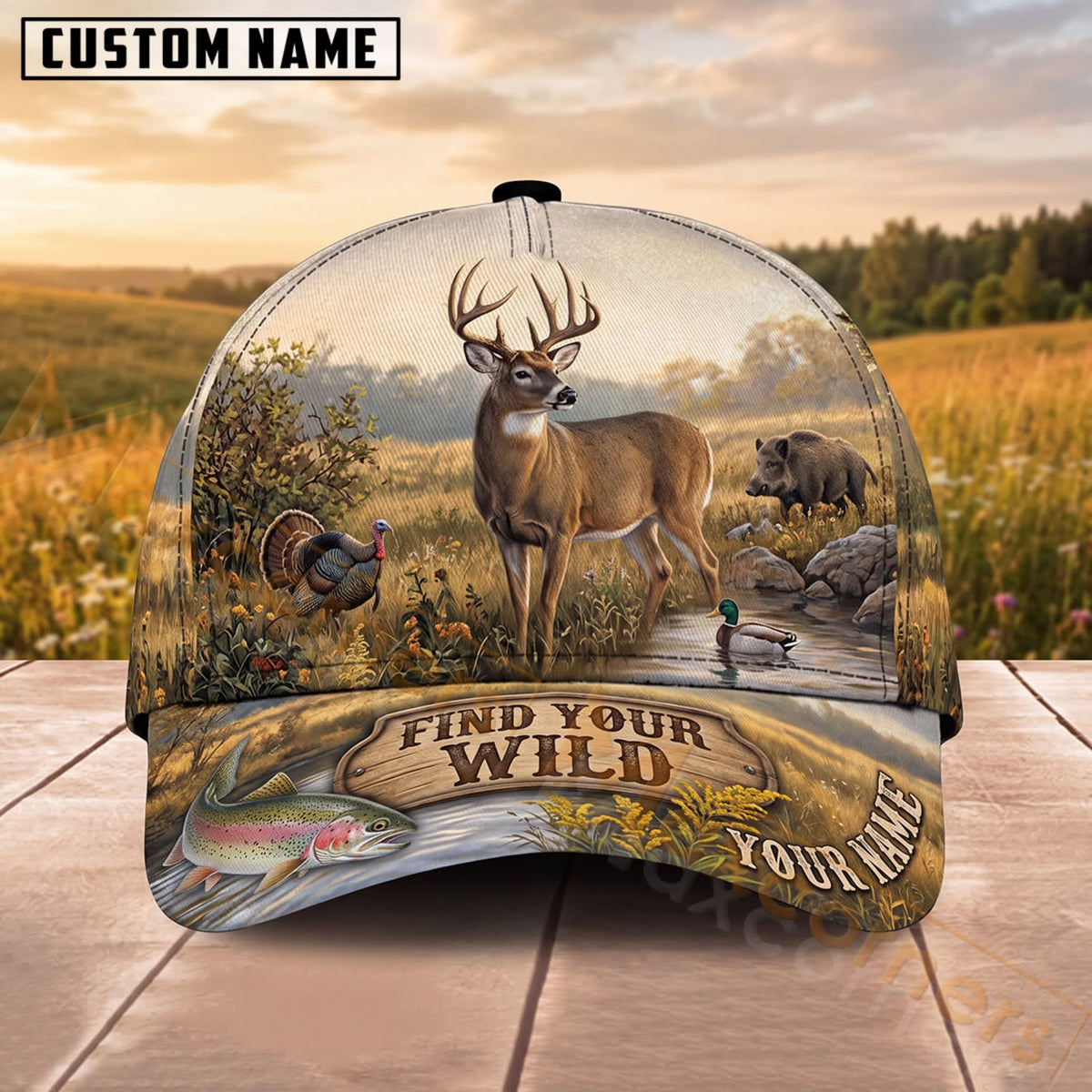 Maxcorners Whitetail Deer Hunting Mountain Landscape Find Your Wild Personalized Name 3D Cap