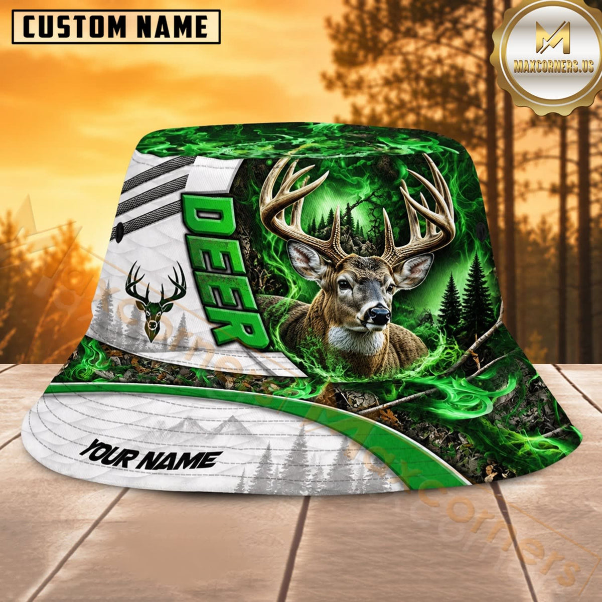 Maxcorners Deer Hunting Skull Green Racing Graphic Personalized Name 3D Bucket Hat
