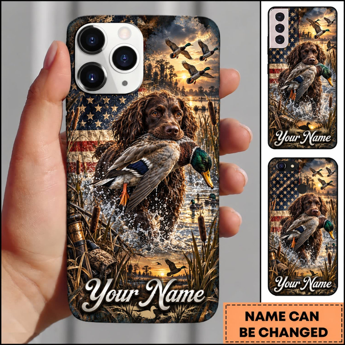 Maxcorners Duck Hunting German Wirehaired Pointer American Flag Sunset Marsh Personalized Name 3D Phone Case - Boykin Spaniel