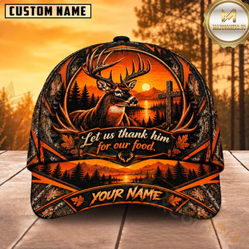 Maxcorners Deer Hunting Whitetail Buck Let Us Thank Him for Our Food Framed Orange Forest Customized Name 3D Cap