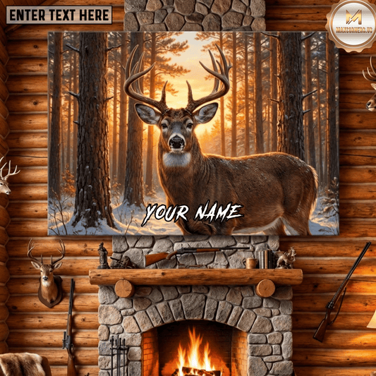 Maxcorners Deer Hunting Majestic Whitetail Buck Snowy Winter Forest Sunrise Wildlife Scene Canvas Wall Art