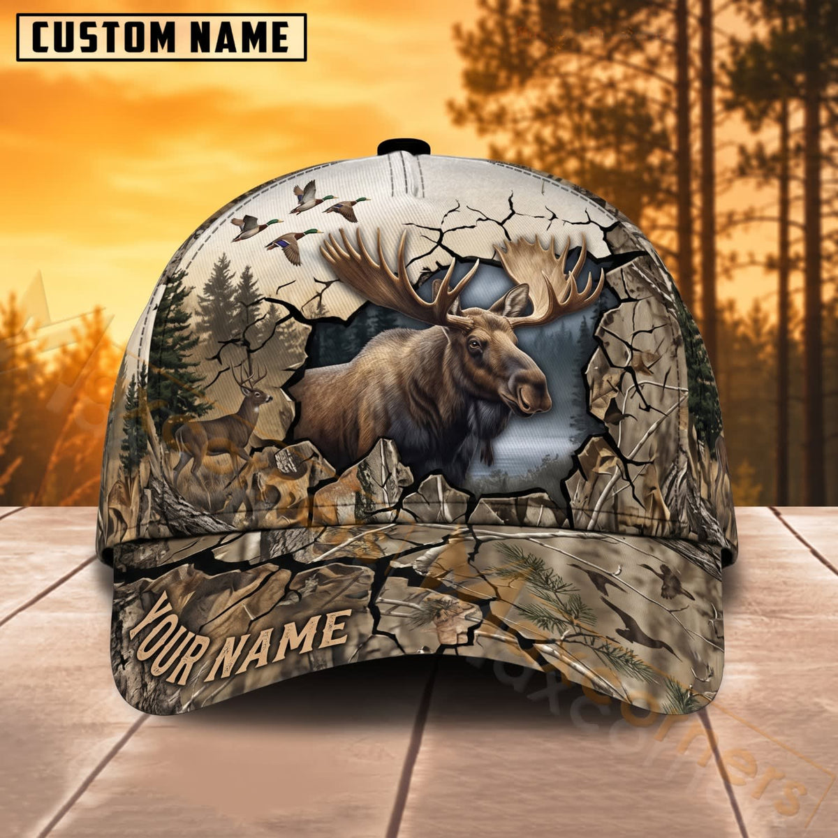 Maxcorners Moose Hunting Mountain Wildlife Sketch Personalized Name 3D Cap