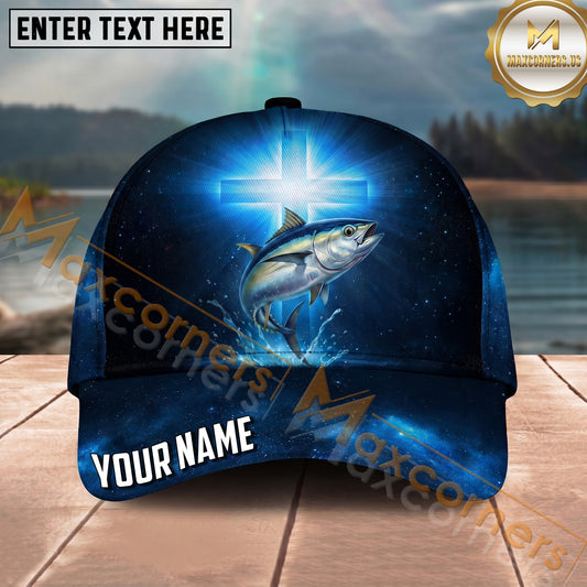 Maxcorners Fishing Midnight Blue Cross Galaxy Splash Personalized Name 3D Cap (12 Fish Species)