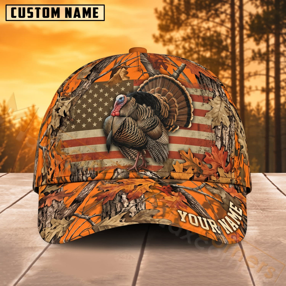 Maxcorners Turkey Hunting American Flag Orange Camo Personalized Name 3D Cap