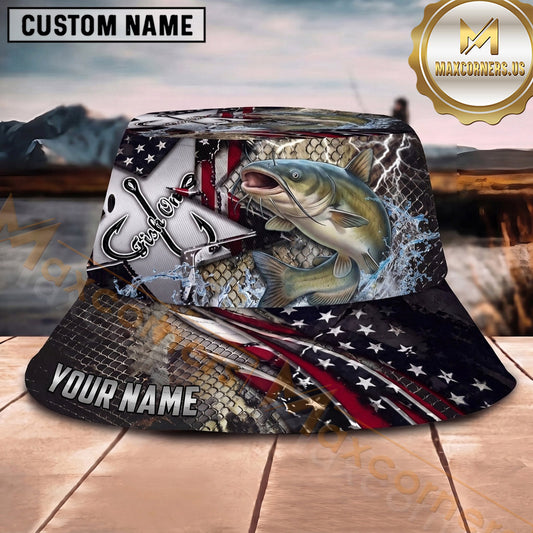 Maxcorners Fishing American Flag Lightning Metal Scale Personalized 3D Bucket Hat (13 Fish Species)