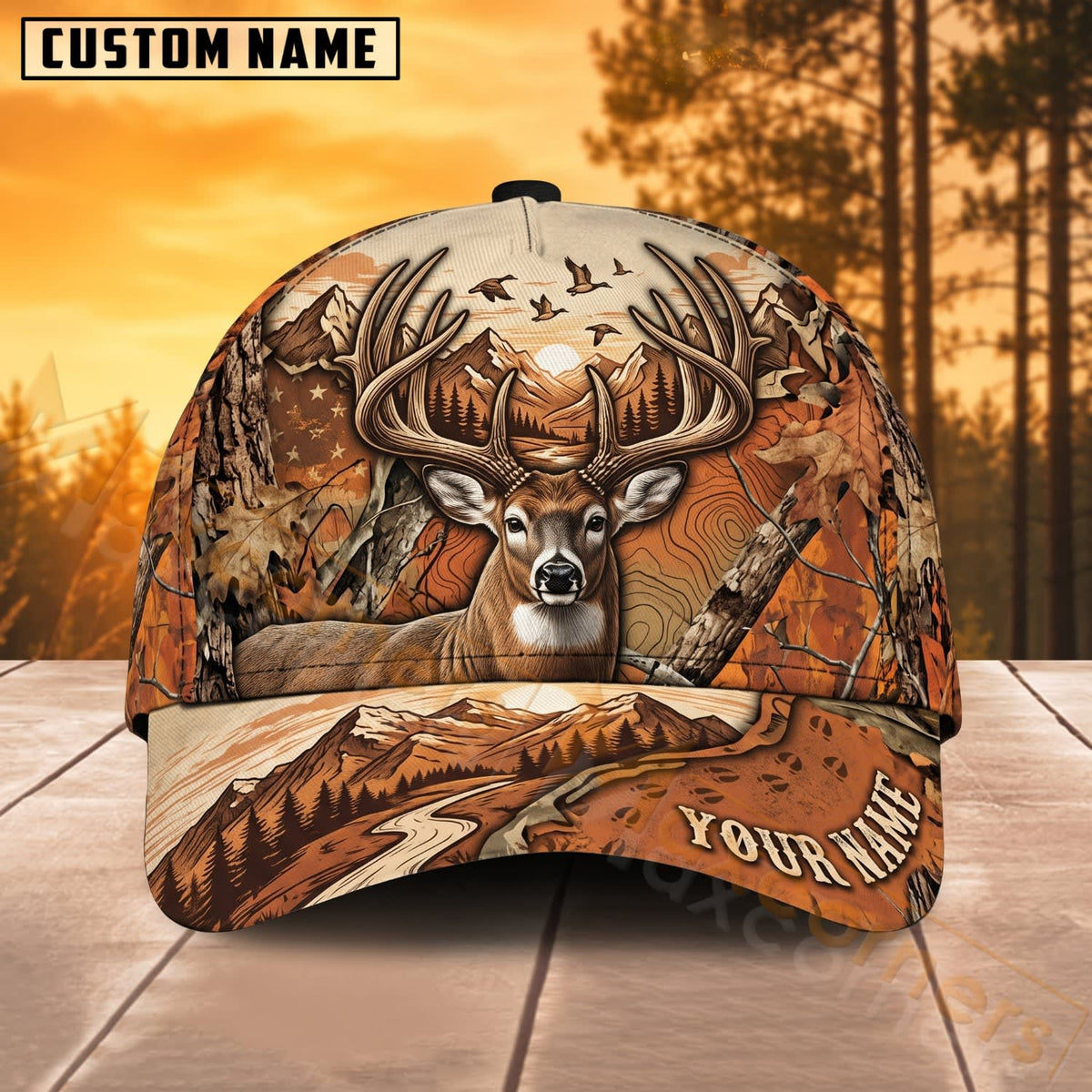 Maxcorners Deer Hunting Rustic Woodland Buck Personalized Name 3D Cap