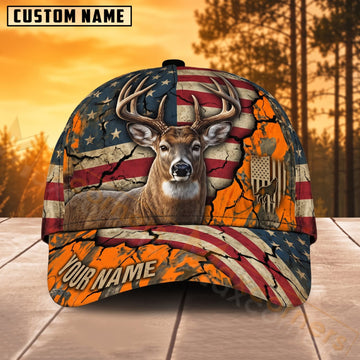 Maxcorners Deer Hunting American Flag Orange Buck Personalized Name 3D Cap