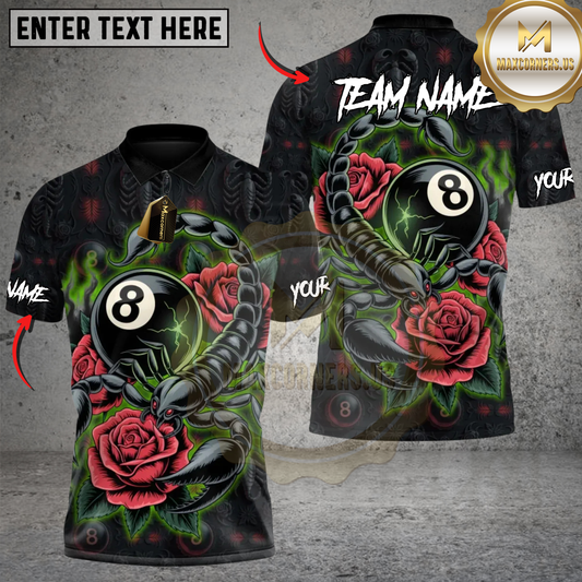 Maxcorners Scorpion Rose 8-Ball Billiard Multicolor Customized Name, Team Name 3D Shirt