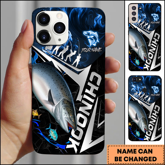 Maxcorners Salmon Fishing Blue Smoke Angler Silhouette Personalized Name 3D Phone Case