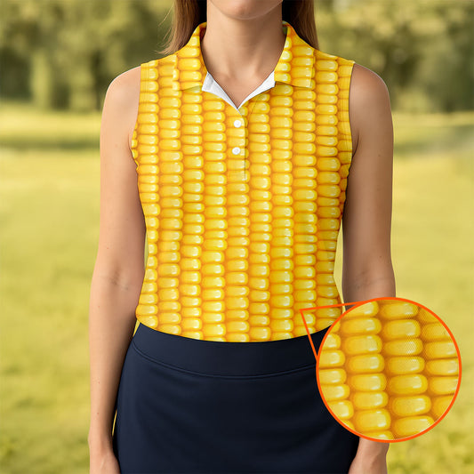 Maxcorners Realistic Sweet Corn Cob Print Design Golf Shirt, Women's Golf Shirt, Hawaiian Golf Shirt, Golf Polo For Women LM1507