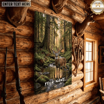 Maxcorners Deer Hunting Whitetail Buck Mossy Rainforest Creek Stream Wildlife Scene Canvas Wall Art