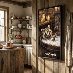 Maxcorners Relaxing Raccoon Spa Bath with Wine and Cucumber Eyes Personalized Canvas Wall Art