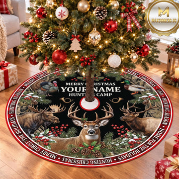 Maxcorners Hunting Deer Moose Black Plaid Personalized Name 3D Christmas Tree Skirt