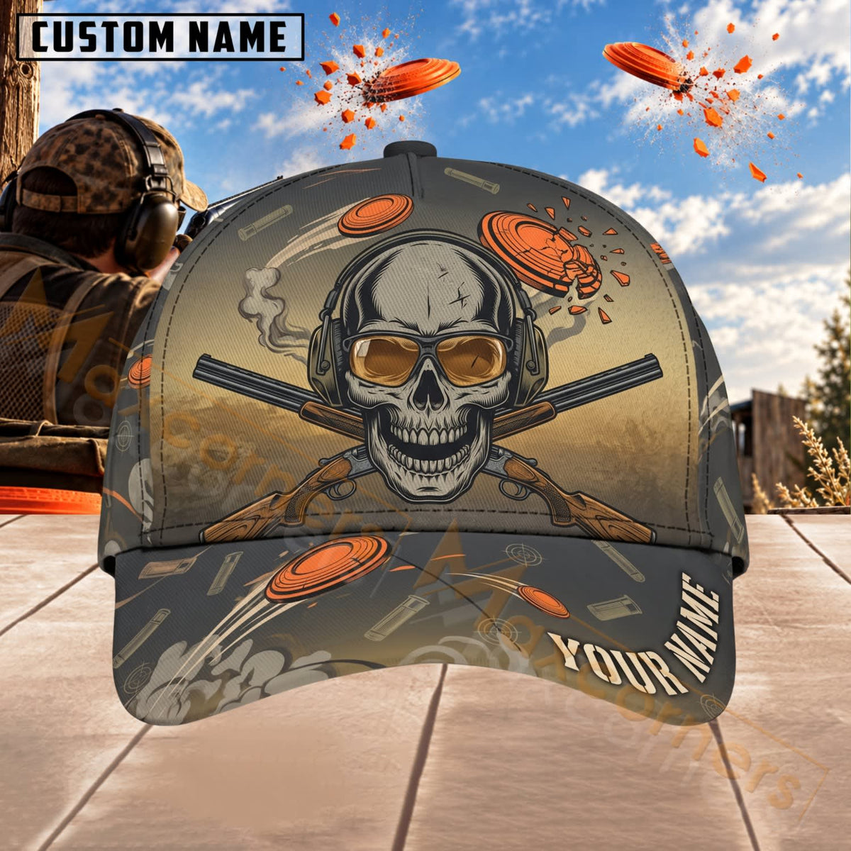 Maxcorners Trap & Skeet Shooting Skull Clay Target Personalized Name 3D Cap