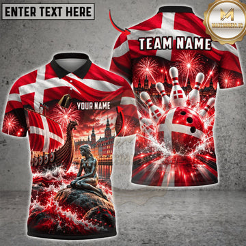 Maxcorners Bowling Denmark Flag Viking Bowling Personalized Name 3D Unisex Shirt