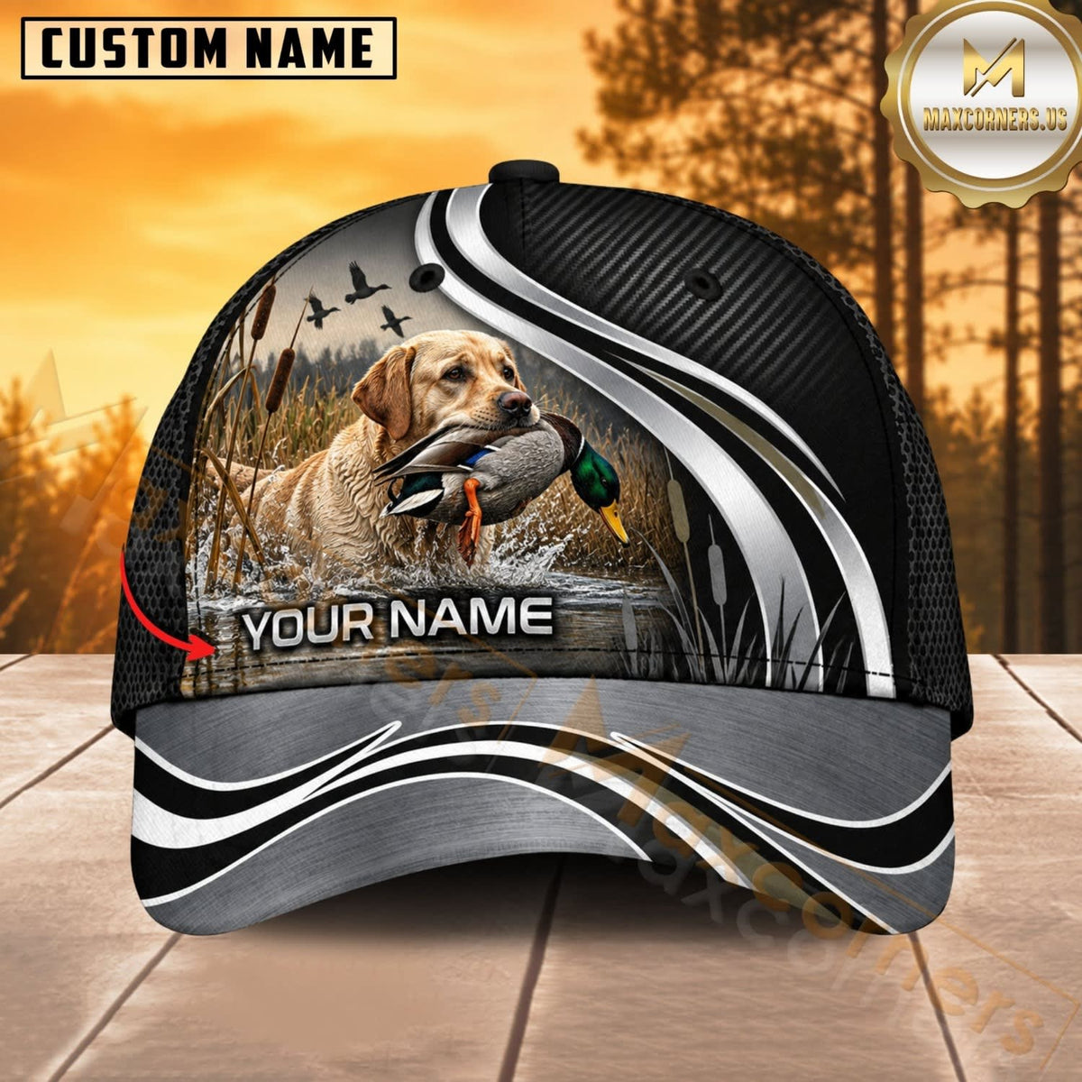 Maxcorners Dog Hunting And Duck Hunting Dog Black Silver Wave Personalized Name 3D Cap
-