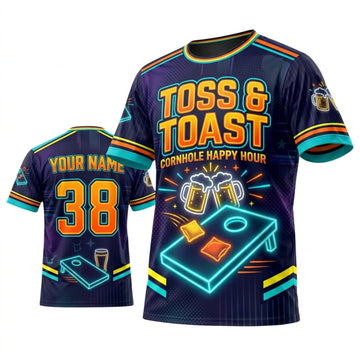 Maxcorners Cornhole Toss And Toast Neon Geometric Personalized Name 3D Unisex Shirt