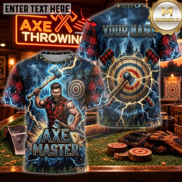 Maxcorners Axe Throwing Blue Orange Axe Master Personalized Name 3D Unisex Shirt