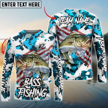 Maxcorners Bass Fishing American Flag Light Blue Camo Personalized Name, Team Name 3D Long Sleeve Shirt