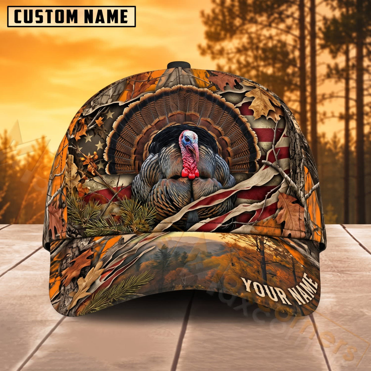 Maxcorners Turkey Hunting US Flag Woodland Personalized Name 3D Cap