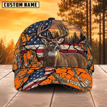 Maxcorners Deer Hunting American Flag Orange Woodland Personalized Name 3D Cap
