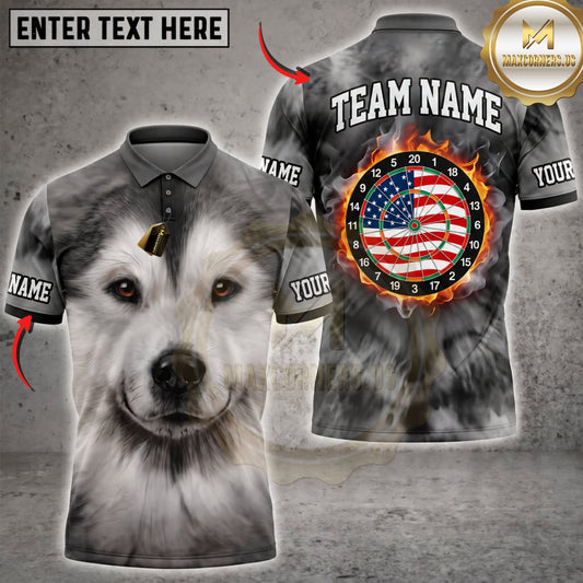 Maxcorners Darts Cute Fluffy Gray Dog American Flag Dartboard Personalized Name 3D Unisex Shirt