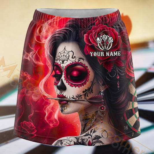 Maxcorners Darts Red Sugar Skull Woman Dartboard Personalized 3D Skort, Skirts With Shorts