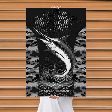 Maxcorners Marlin Fishing Black & White Sketch Style Personalized Name 3D Poster